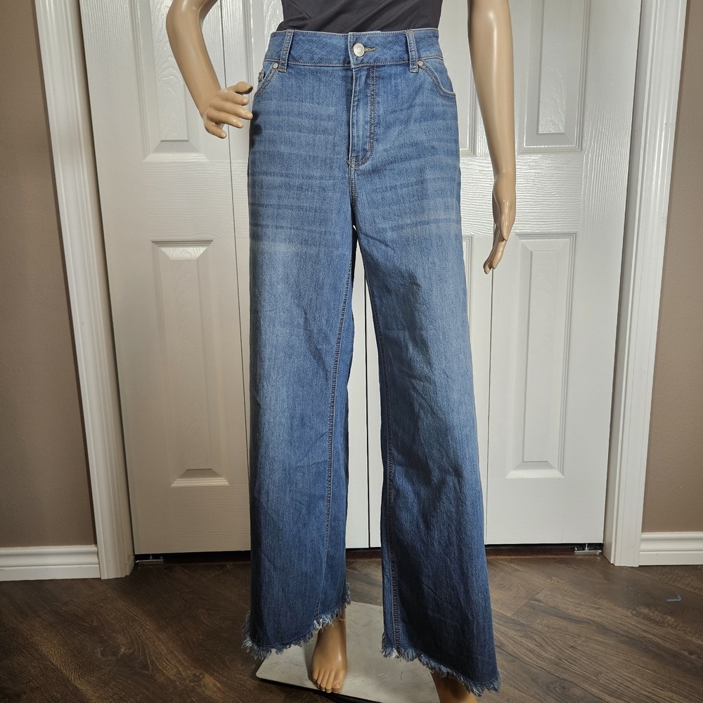 C Est 1946 Denim Womens 14P Blue Wide Leg Jeans Raw Fringe Hem Petite New